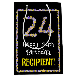 24th Birthday: Floral Flowers Number, Custom Name Medium Gift Bag