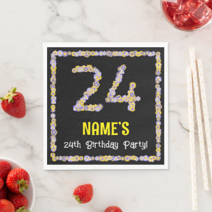 24th Birthday: Floral Flowers Number, Custom Name Napkin