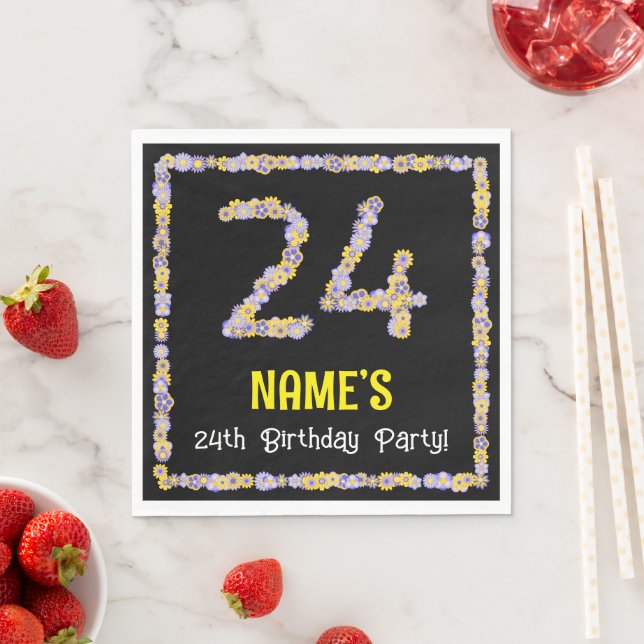 24th Birthday: Floral Flowers Number, Custom Name Napkin (Insitu)