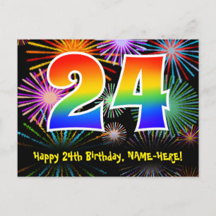 24th Birthday – Fun Fireworks Pattern + Rainbow 24 Postcard