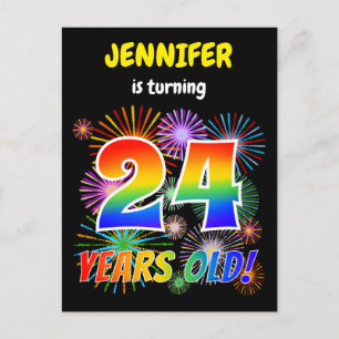 24th Birthday - Fun Fireworks, Rainbow Look "24" Postcard