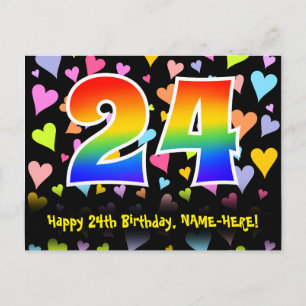 24th Birthday: Fun Hearts Pattern, Rainbow 24 Postcard
