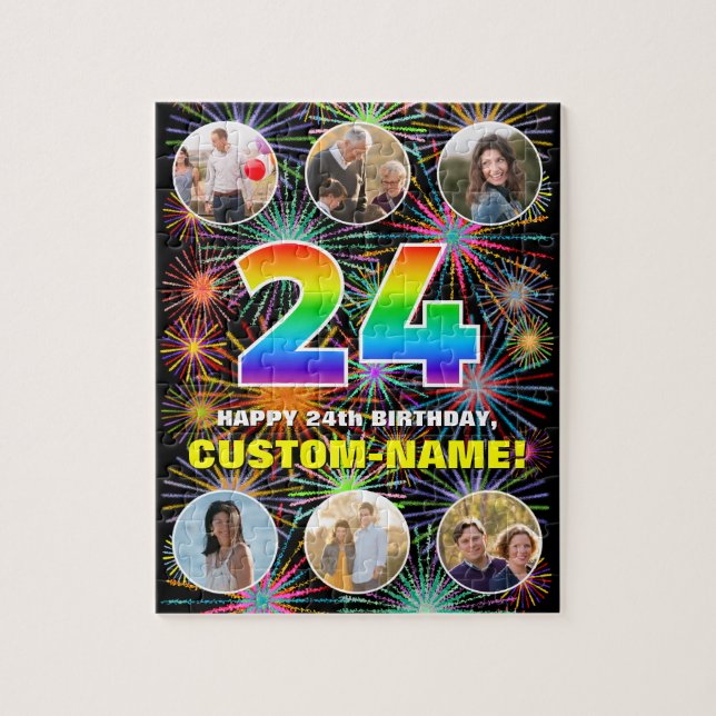 24th Birthday: Fun Rainbow #, Custom Name + Photos Jigsaw Puzzle (Vertical)