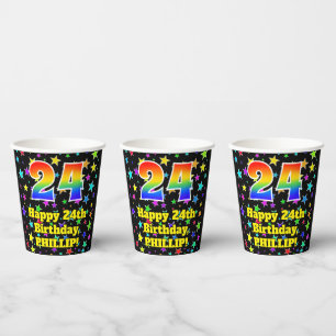24th Birthday: Fun Stars Pattern and Rainbow 24 Paper Cups