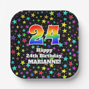 24th Birthday: Fun Stars Pattern and Rainbow “24 Paper Plate