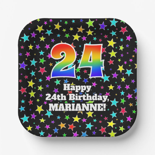 24th Birthday: Fun Stars Pattern and Rainbow “24” Paper Plate (Front)