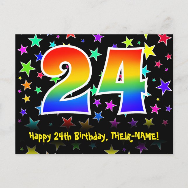 24th Birthday: Fun Stars Pattern, Rainbow 24, Name Postcard (Front)