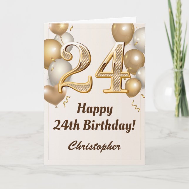 24th Birthday Gold Balloons and Confetti Birthday Card (Front)