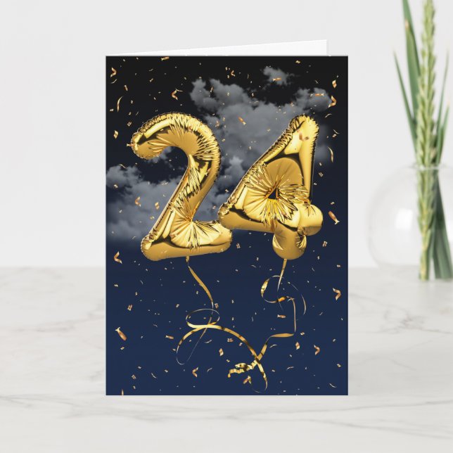 24th Birthday Gold Mylar Balloon and Confetti Card (Front)
