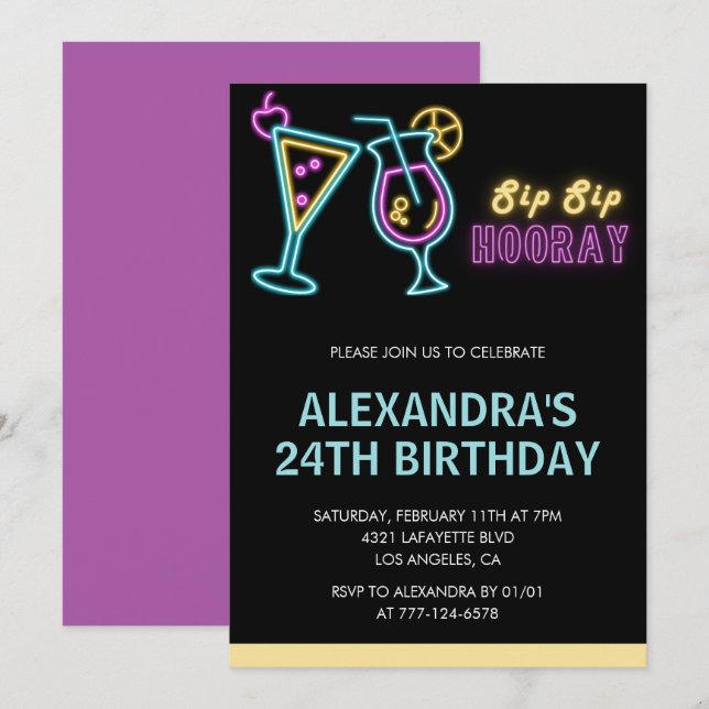 24th birthday invitations Cocktail Neon Glow (Front/Back)