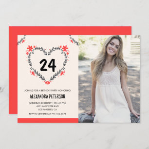 24th birthday invitations for her Floral Heart