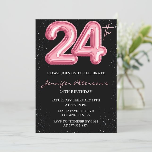 24th birthday invitations Pink Balloon Glam Black  (Standing Front)