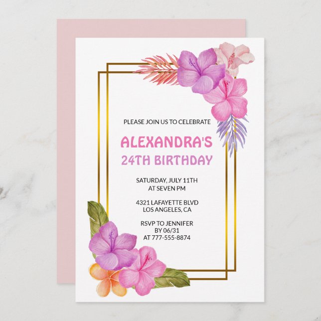 24th birthday invitations Tropical Floral Pink (Front/Back)