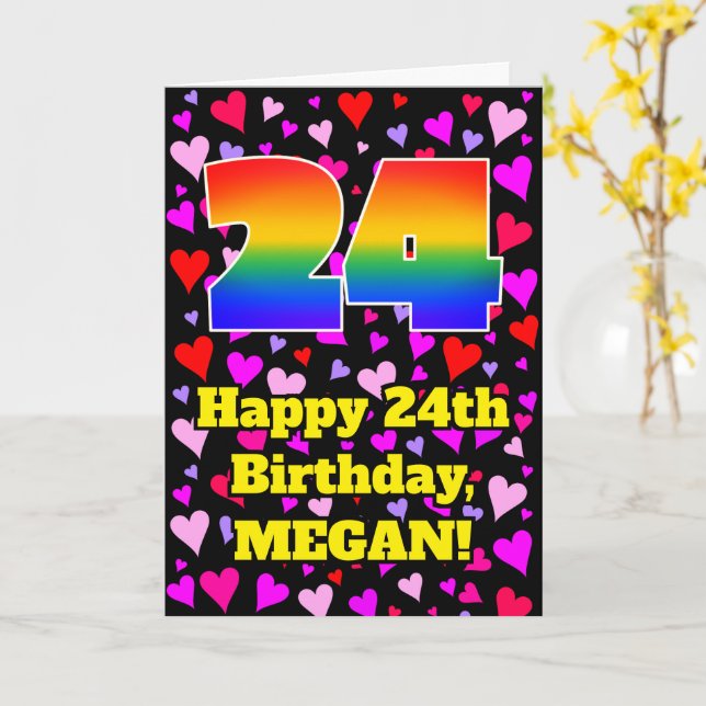 24th Birthday: Loving Hearts Pattern, Rainbow # 24 Card (Yellow Flower)