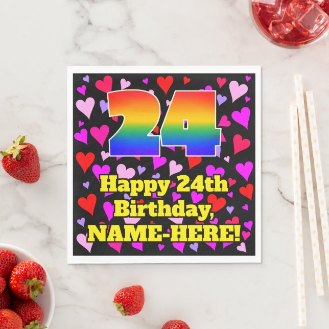 24th Birthday: Loving Hearts Pattern, Rainbow # 24 Napkin (Insitu)