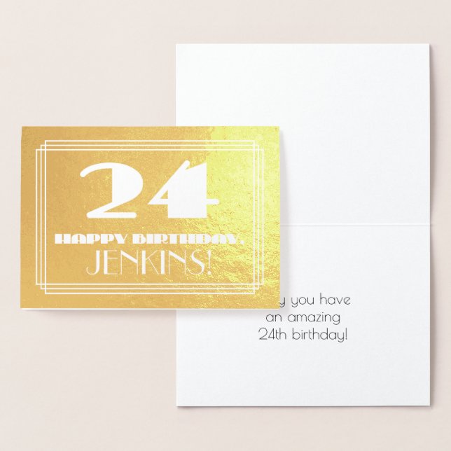 24th Birthday: Name + Art Deco Inspired Look "24" Foil Card (Display)