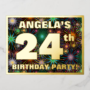 24th Birthday Party: Bold, Colorful Fireworks Look Foil Invitation Postcard