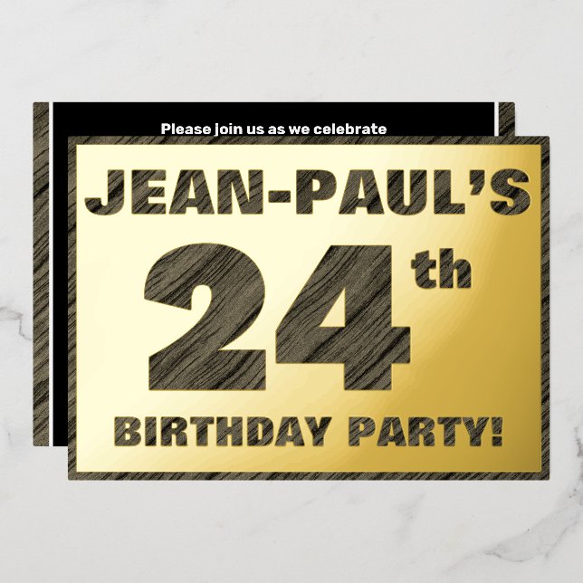 24th Birthday Party — Bold, Faux Wood Grain Text (Front/Back)