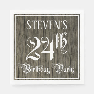 24th Birthday Party — Fancy Script, Faux Wood Look Napkin
