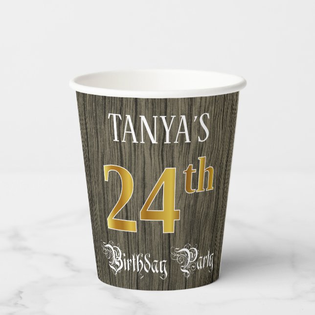 24th Birthday Party — Faux Gold & Faux Wood Looks Paper Cups (Back)