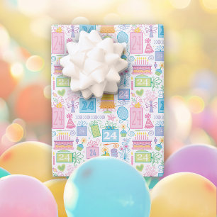 24th Birthday Pastel Pink Cake Presents Balloons  Wrapping Paper Sheet