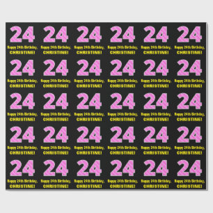 24th Birthday: Pink Stripes and Hearts "24" + Name Wrapping Paper