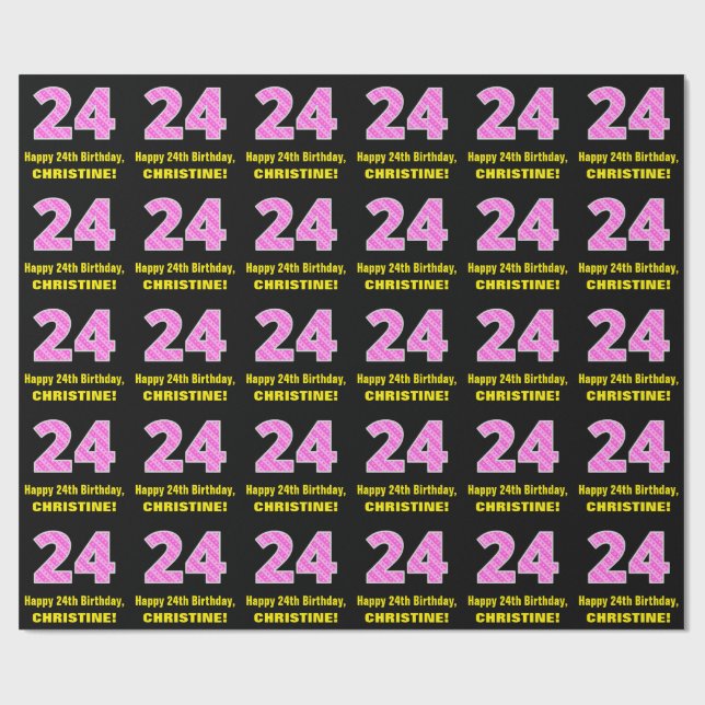 24th Birthday: Pink Stripes and Hearts "24" + Name Wrapping Paper (Flat)