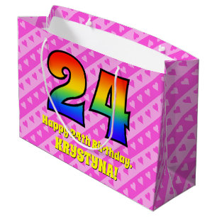 24th Birthday: Pink Stripes & Hearts, Rainbow # 24 Large Gift Bag