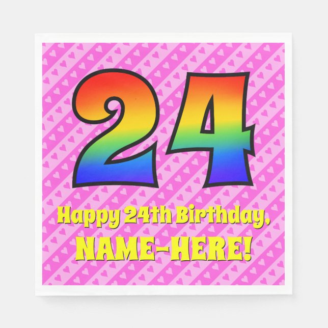 24th Birthday: Pink Stripes & Hearts, Rainbow # 24 Napkin (Front)