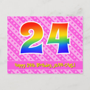 24th Birthday: Pink Stripes & Hearts, Rainbow 24 Postcard