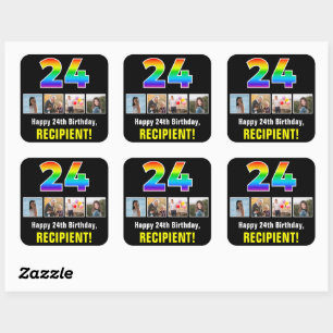 24th Birthday: Rainbow “24”; Custom Photos & Name Square Sticker