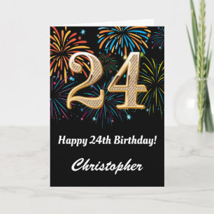 24th Birthday Rainbow Fireworks Black and Gold Card