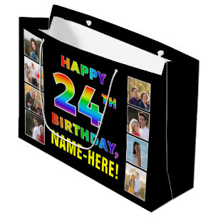 24th Birthday: Rainbow Text, Custom Photos & Name Large Gift Bag