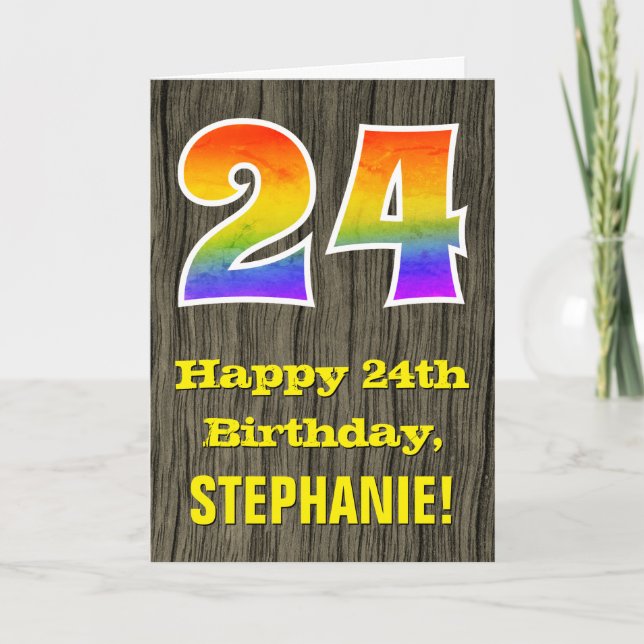 24th Birthday: Rustic Faux Wood Look, Rainbow "24" Card (Front)