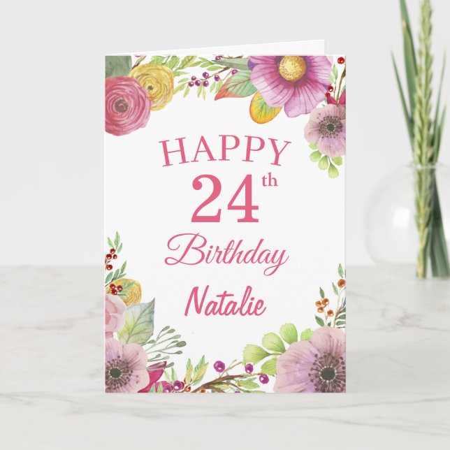 24th Birthday Watercolor Floral Flowers Pink Card (Front)