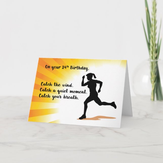 24th Birthday Woman Running Sunburst Background Card (Front)