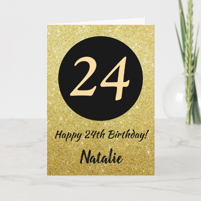 24th Happy Birthday Black and Gold Glitter Card (Front)