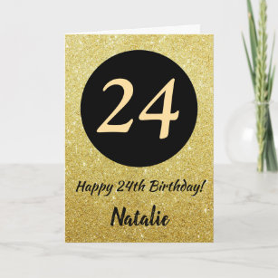 24th Happy Birthday Black and Gold Glitter Card