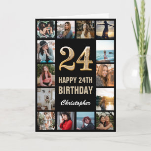 24th Happy Birthday Black and Gold Photo Collage Card
