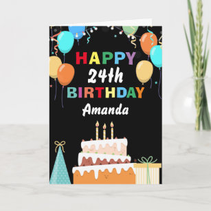 24th Happy Birthday Colourful Balloons Cake Black Card