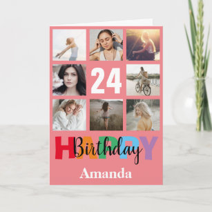 24th Happy Birthday Photo Collage Modern Pink Card
