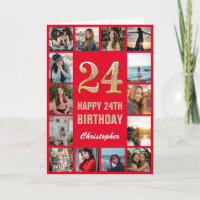 24th Happy Birthday Red and Gold Photo Collage