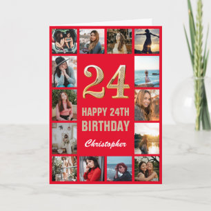 24th Happy Birthday Red and Gold Photo Collage Card