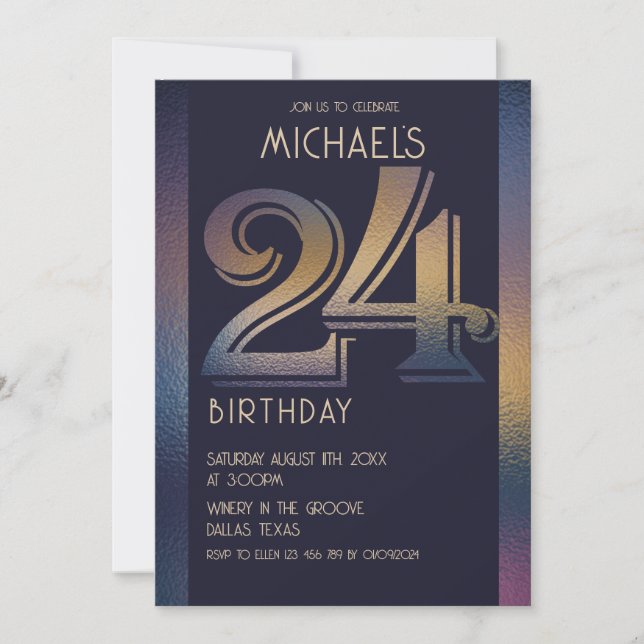 24th modern dark purple and gold birthday invitation (Front)