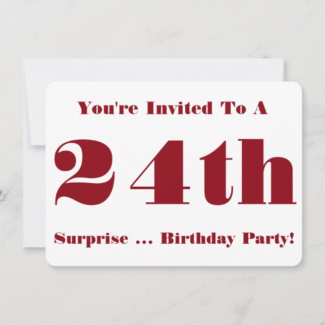 24th Surprise Birthday party Invite, red and white Invitation (Front)