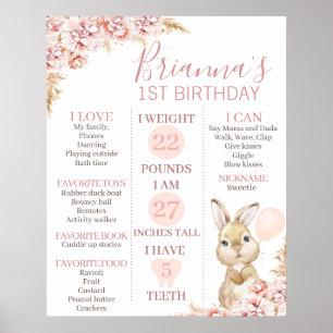 24x30 Boho Floral Bunny 1st Birthday Milestone Poster
