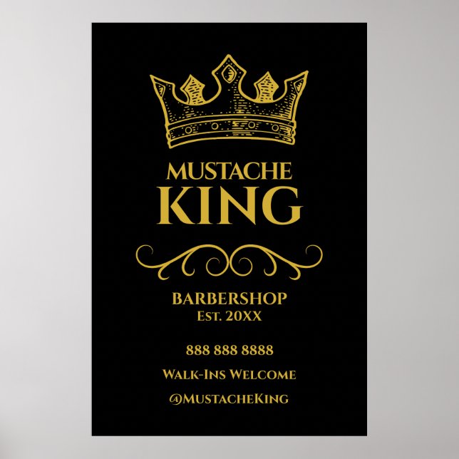 24x36 Gold Crown King Moustache Barbershop Sign (Front)
