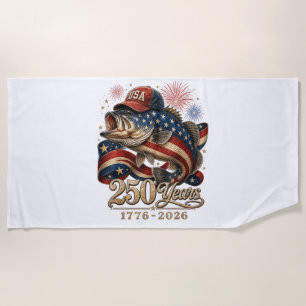 250 America 1776 2026 Bass Fishing USA Flag Beach Towel