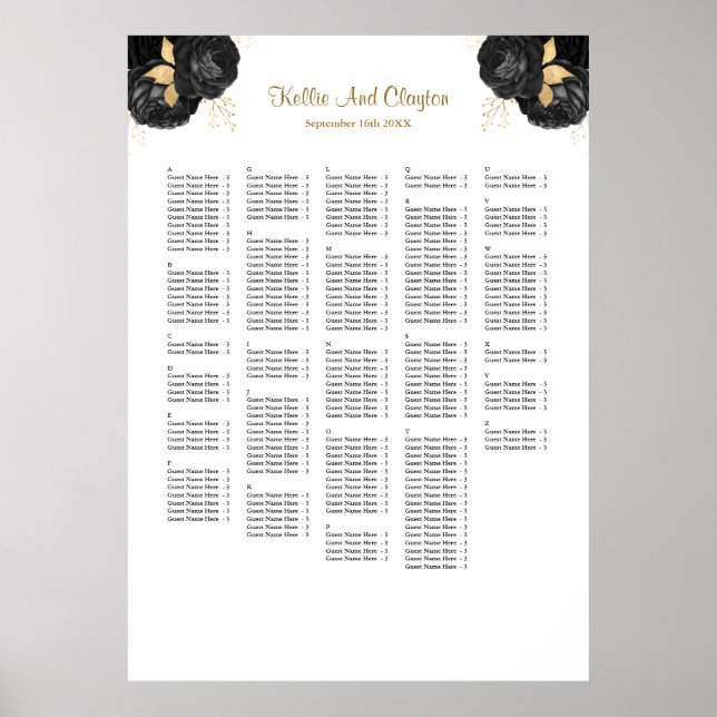 250 Black And Gold Floral Wedding Seating Chart (Front)