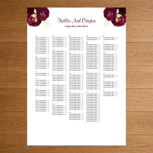 250 Burgundy & Gold Floral Wedding Seating Chart